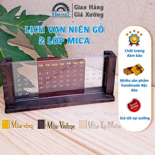 lịch vạn niên để bàn gỗ và mica