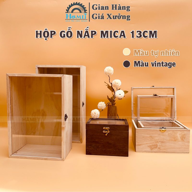 hộp gỗ nắp mở mica cao 13cm