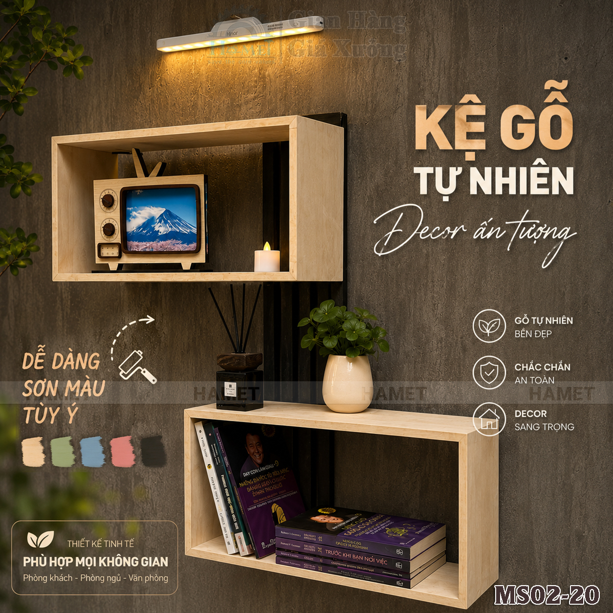 ke-go-treo-tuong-ms02 kệ gỗ tự nhiên treo tường