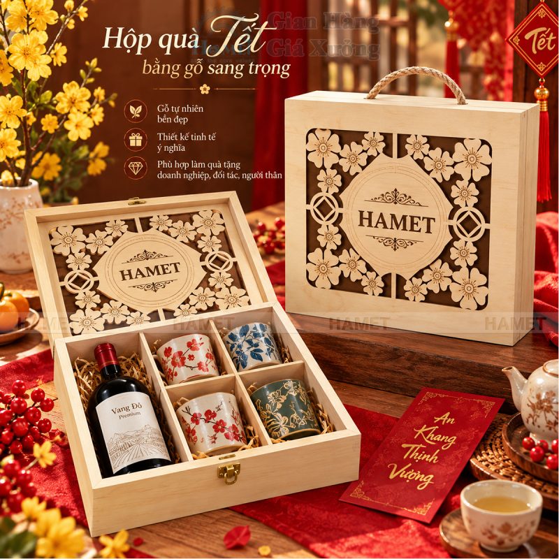 Hộp gỗ quà Tết vuông có ngăn quai xách khắc logo Hamet